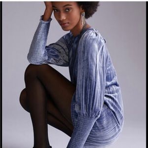 NWT Anthropologie Blue Velvet Lace Up
Shift Mini Dress Smocked Sleeves